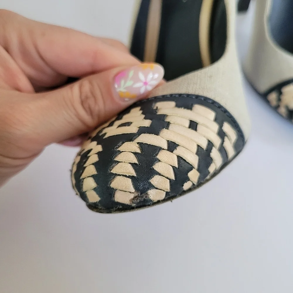 Tory Burch Woven Leather and Canvas Round Toe Pump